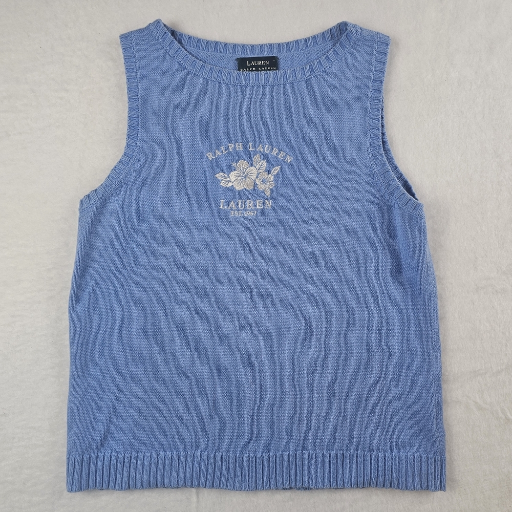 VTG RALPH LAUREN Blue Cotton Knit Embroidred Pullover Vest RARE & VHTF Large